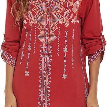 Women's Embroidered Tops Mexican Shirt V Neck Summer Casual Tops   Loose Blouse