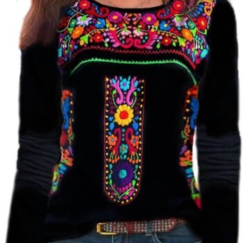 Long Sleeve Mexican Shirts for Women Floral Embroidered  Blouse Ethnic Style Boho T-Shirts