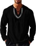 Mens Linen V Neck  Shirt Long Sleeve Ethnic Style Embroidered Casual Drawstring T Shirts