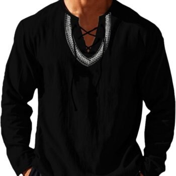 Mens Linen V Neck  Shirt Long Sleeve Ethnic Style Embroidered Casual Drawstring T Shirts