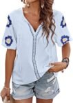 Mexican Embroidered Tops for Women Floral Short Sleeve Boho Tops Bow Tie V Neck  Blouse Loose Summer Tops