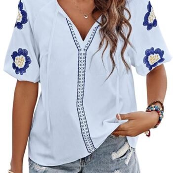 Mexican Embroidered Tops for Women Floral Short Sleeve Boho Tops Bow Tie V Neck  Blouse Loose Summer Tops