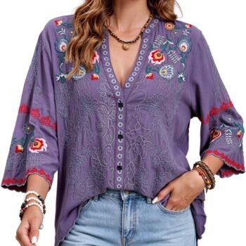 Mexican Tops  Blouses Embroidered 3/4 Sleeve Shirt Boho V Neck