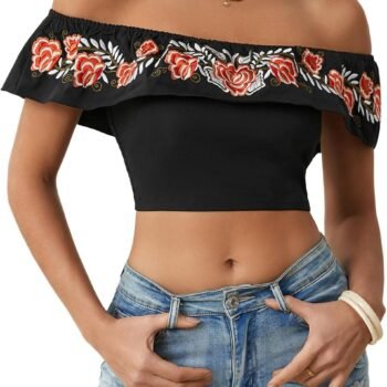 Women's Floral Embroidered Off-Shoulder Crop Top