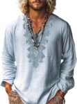 Men's Embroidered Linen  Shirts Long Sleeve Ethnic Style Casual Tops Boho Hippie Shirts for Beach Vacation