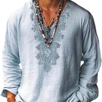 Men's Embroidered Linen  Shirts Long Sleeve Ethnic Style Casual Tops Boho Hippie Shirts for Beach Vacation