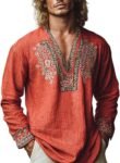 Men's  Shirt Long Sleeve African Print Embroidered Gauze Shirt Casual V Neck Cotton Linen Beach Hippie Tops