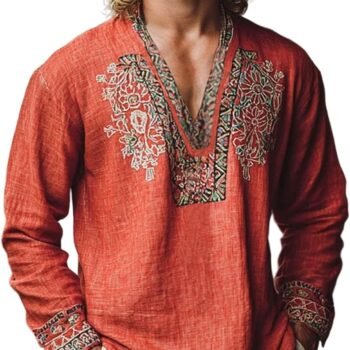 Men's  Shirt Long Sleeve African Print Embroidered Gauze Shirt Casual V Neck Cotton Linen Beach Hippie Tops