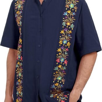 Men's Mexican  Shirt Short Sleeve Button Down Shirts Top Traditional Embroidered Folk  Outfits