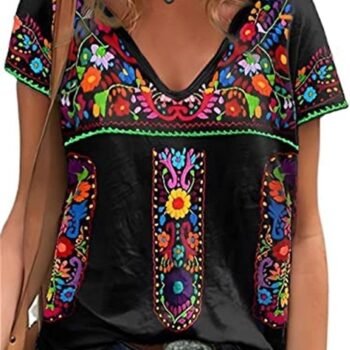 Fiesta Mexican Shirts for Women V Neck Floral Print Boho Short Sleeve Casual Embroidered Tops