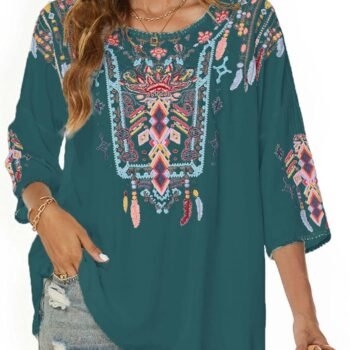 Women Mexican Embroidered Shirt for Women Bohemian Style Top Blouse 3/4 Sleeve Summer Casual s