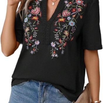 Mexican Shirts for Women Embroidered Tops Traditional Summer Blouse Floral  V Neck Short Sleeve T Shirt