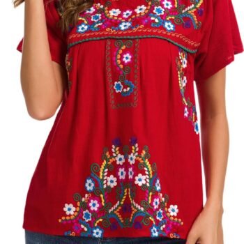 Women's Embroidered Mexican  Blouse Mexico Summer Shirt Short Sleeve