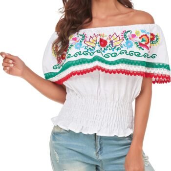 Women's Mexican Embroidered Off-Shoulder Lace Ruffle Top