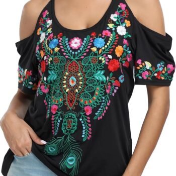 Women's Embroidered Floral Peasant Tunic Top
