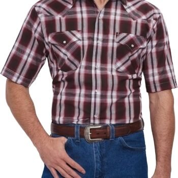 Men's Wine Red Short Sleeve Western Plaid Shirt