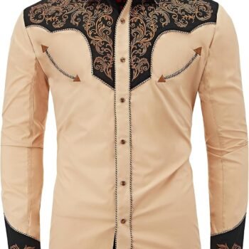 Men's Long Sleeve Embroidered Western Cowboy Snap Button Shirt