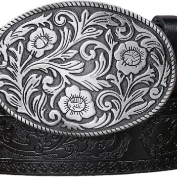 Western PU Leather Cowboy Cowgirl Belt for Men & Women - Vintage Flower Buckle Embossed Leather Belts for Jeans Pants