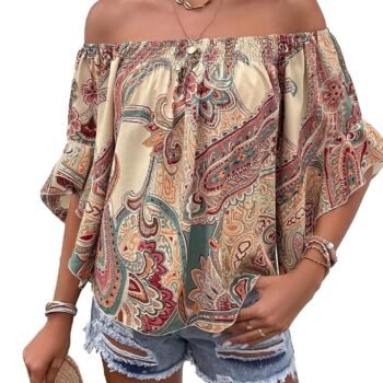 Women's Off-Shoulder Flounce Sleeve Printed Blouse