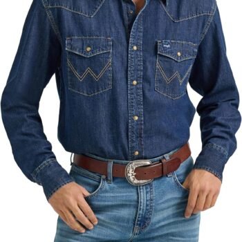 Men's Light Wash Denim Long Sleeve Snap Button Shirt