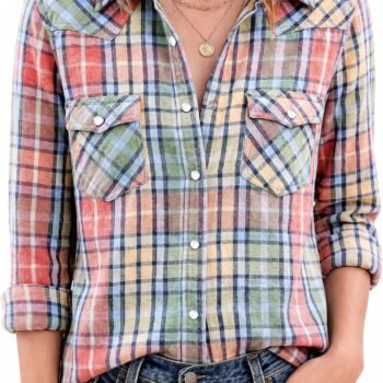 Women's Long Sleeve Plaid Snap Button Flannel Shirt